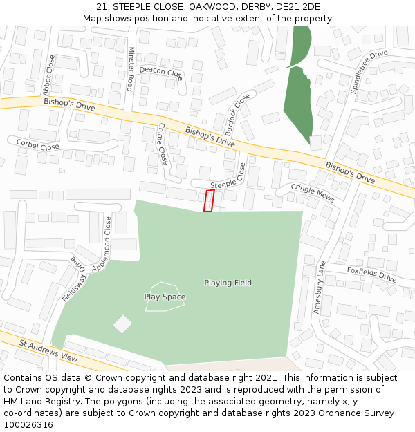 21, STEEPLE CLOSE, OAKWOOD, DERBY, DE21 2DE: Location map and indicative extent of plot