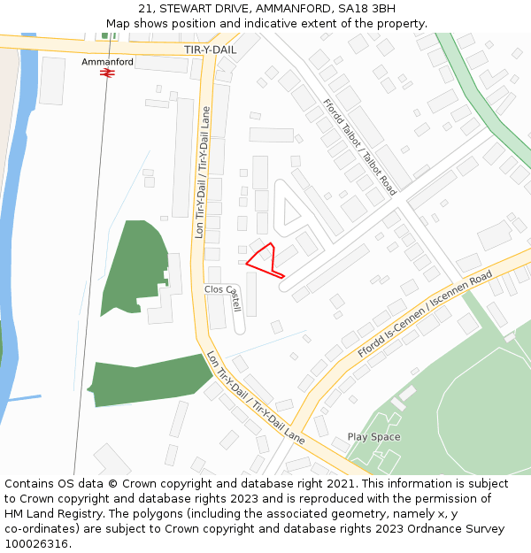 21, STEWART DRIVE, AMMANFORD, SA18 3BH: Location map and indicative extent of plot