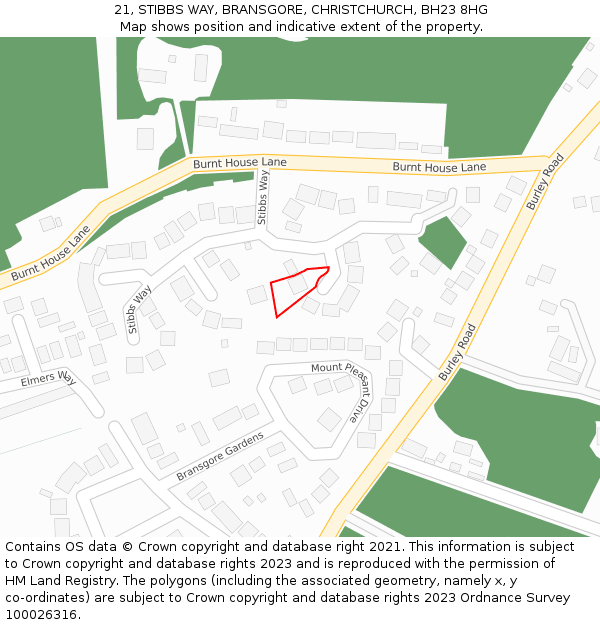 21, STIBBS WAY, BRANSGORE, CHRISTCHURCH, BH23 8HG: Location map and indicative extent of plot