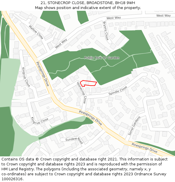 21, STONECROP CLOSE, BROADSTONE, BH18 9WH: Location map and indicative extent of plot