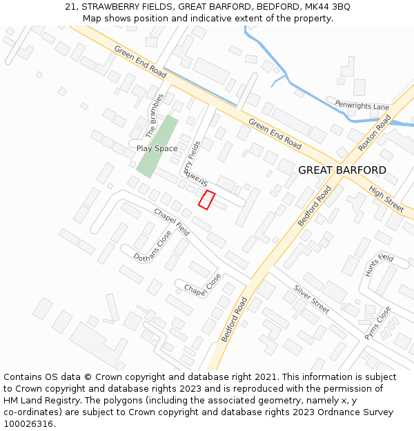 21, STRAWBERRY FIELDS, GREAT BARFORD, BEDFORD, MK44 3BQ: Location map and indicative extent of plot