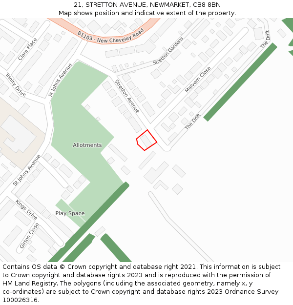 21, STRETTON AVENUE, NEWMARKET, CB8 8BN: Location map and indicative extent of plot