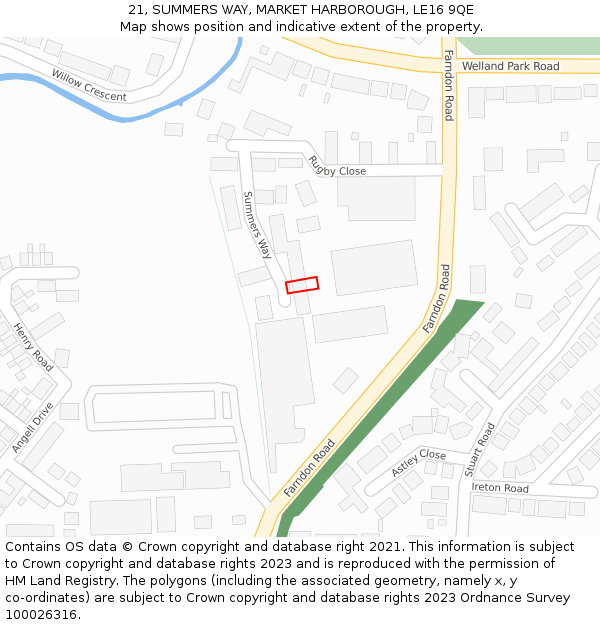 21, SUMMERS WAY, MARKET HARBOROUGH, LE16 9QE: Location map and indicative extent of plot