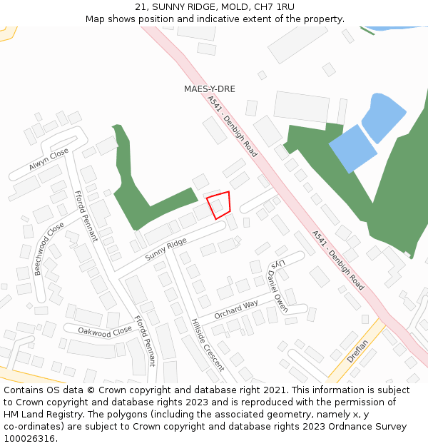 21, SUNNY RIDGE, MOLD, CH7 1RU: Location map and indicative extent of plot