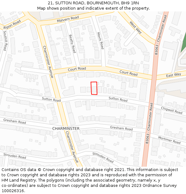 21, SUTTON ROAD, BOURNEMOUTH, BH9 1RN: Location map and indicative extent of plot