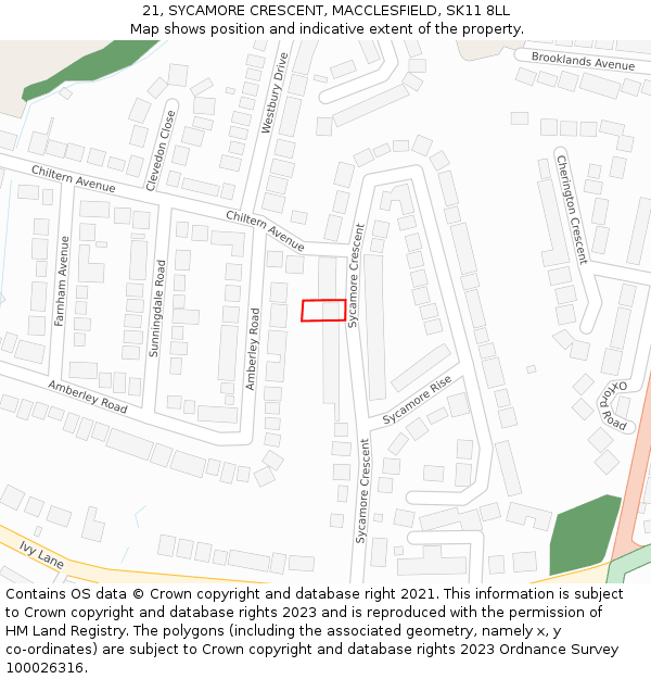 21, SYCAMORE CRESCENT, MACCLESFIELD, SK11 8LL: Location map and indicative extent of plot