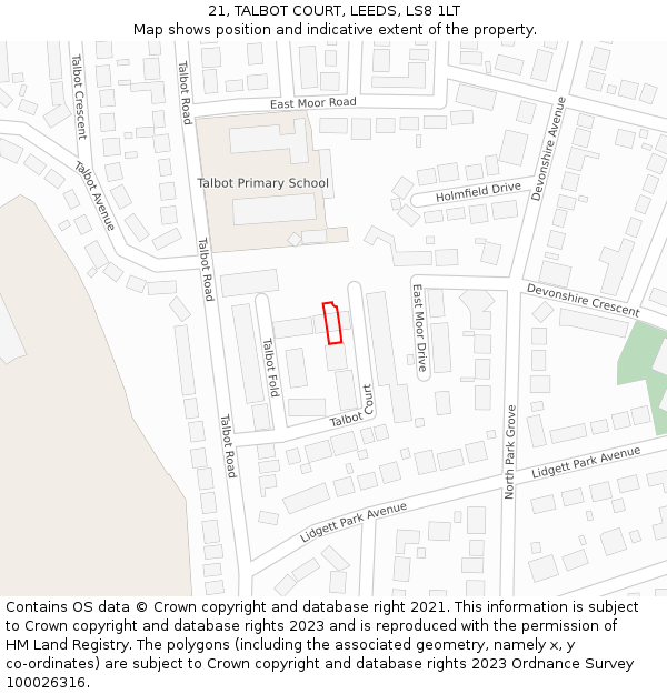 21, TALBOT COURT, LEEDS, LS8 1LT: Location map and indicative extent of plot