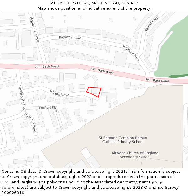 21, TALBOTS DRIVE, MAIDENHEAD, SL6 4LZ: Location map and indicative extent of plot