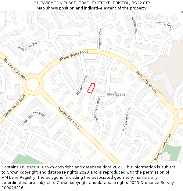 21, TARRAGON PLACE, BRADLEY STOKE, BRISTOL, BS32 8TP: Location map and indicative extent of plot