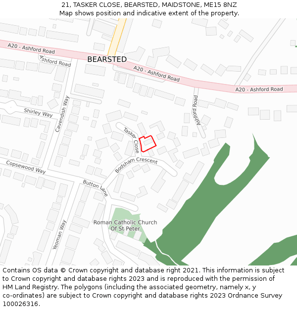21, TASKER CLOSE, BEARSTED, MAIDSTONE, ME15 8NZ: Location map and indicative extent of plot
