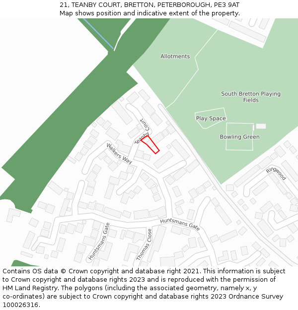 21, TEANBY COURT, BRETTON, PETERBOROUGH, PE3 9AT: Location map and indicative extent of plot