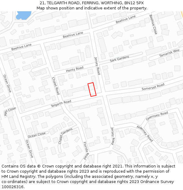 21, TELGARTH ROAD, FERRING, WORTHING, BN12 5PX: Location map and indicative extent of plot