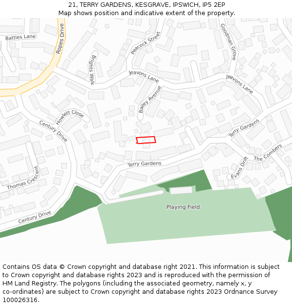 21, TERRY GARDENS, KESGRAVE, IPSWICH, IP5 2EP: Location map and indicative extent of plot