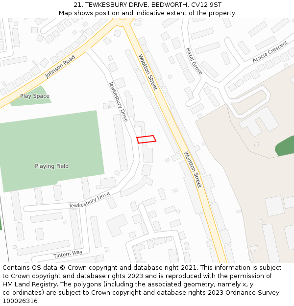 21, TEWKESBURY DRIVE, BEDWORTH, CV12 9ST: Location map and indicative extent of plot