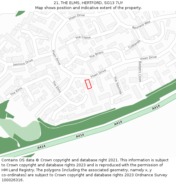 21, THE ELMS, HERTFORD, SG13 7UY: Location map and indicative extent of plot