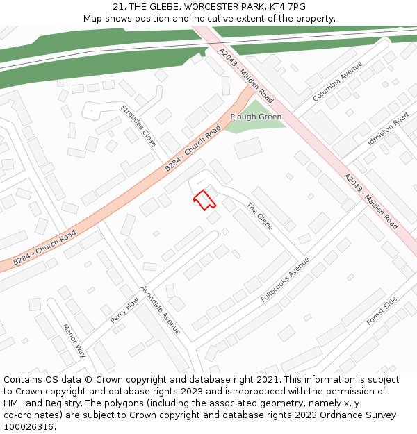 21, THE GLEBE, WORCESTER PARK, KT4 7PG: Location map and indicative extent of plot