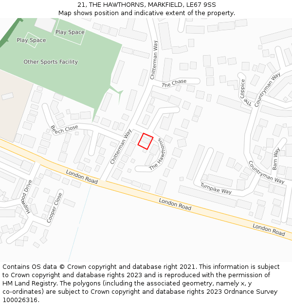 21, THE HAWTHORNS, MARKFIELD, LE67 9SS: Location map and indicative extent of plot