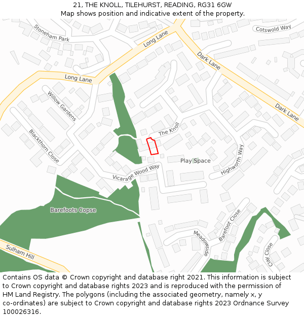 21, THE KNOLL, TILEHURST, READING, RG31 6GW: Location map and indicative extent of plot