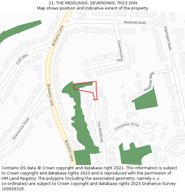 21, THE MIDDLINGS, SEVENOAKS, TN13 2NN: Location map and indicative extent of plot