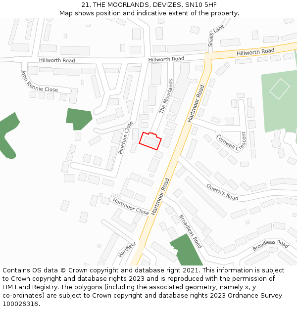 21, THE MOORLANDS, DEVIZES, SN10 5HF: Location map and indicative extent of plot