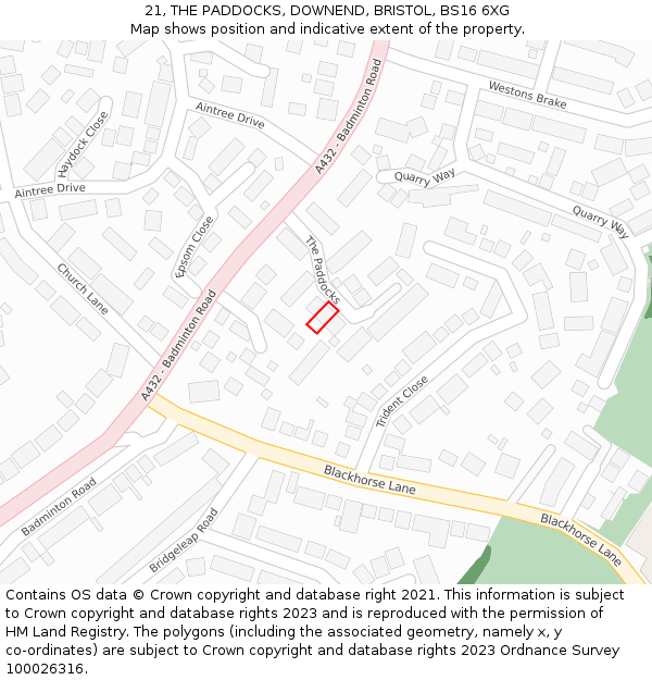 21, THE PADDOCKS, DOWNEND, BRISTOL, BS16 6XG: Location map and indicative extent of plot