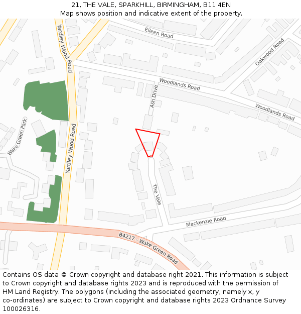 21, THE VALE, SPARKHILL, BIRMINGHAM, B11 4EN: Location map and indicative extent of plot