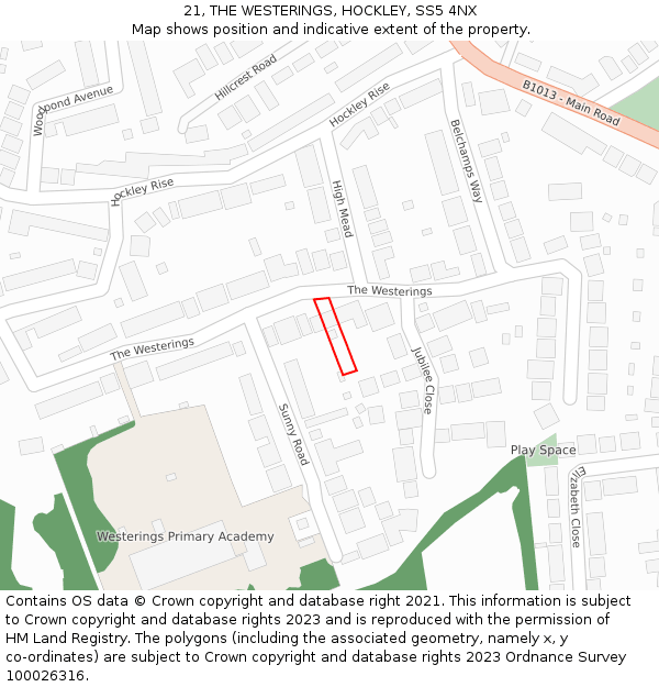 21, THE WESTERINGS, HOCKLEY, SS5 4NX: Location map and indicative extent of plot