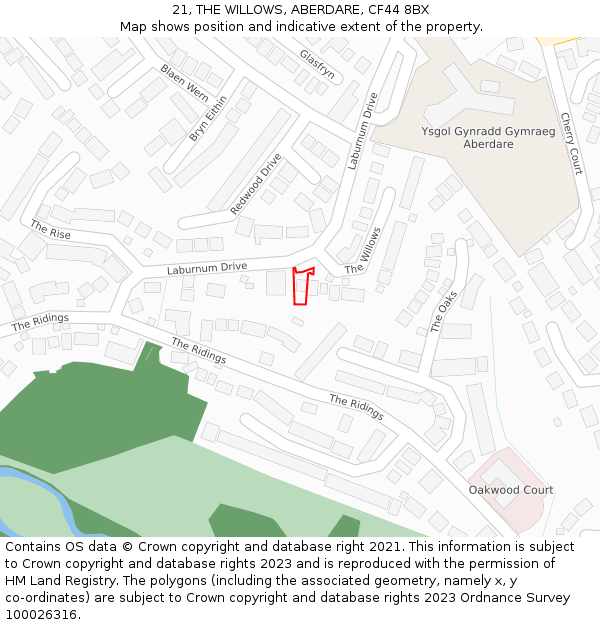 21, THE WILLOWS, ABERDARE, CF44 8BX: Location map and indicative extent of plot