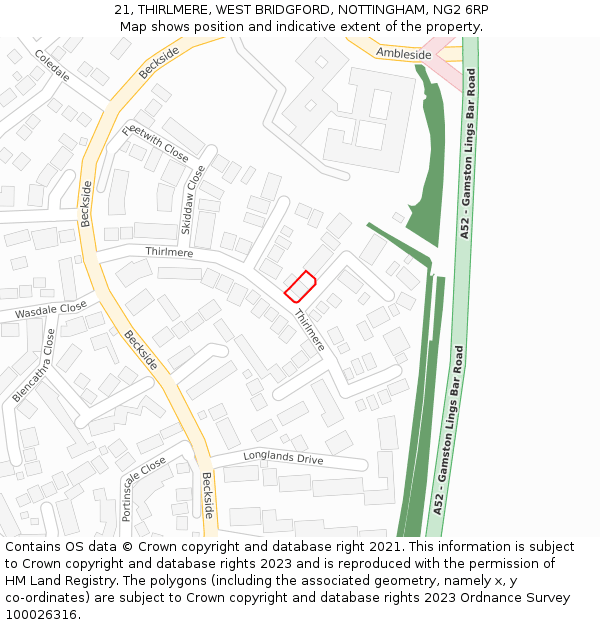 21, THIRLMERE, WEST BRIDGFORD, NOTTINGHAM, NG2 6RP: Location map and indicative extent of plot