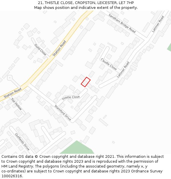 21, THISTLE CLOSE, CROPSTON, LEICESTER, LE7 7HP: Location map and indicative extent of plot