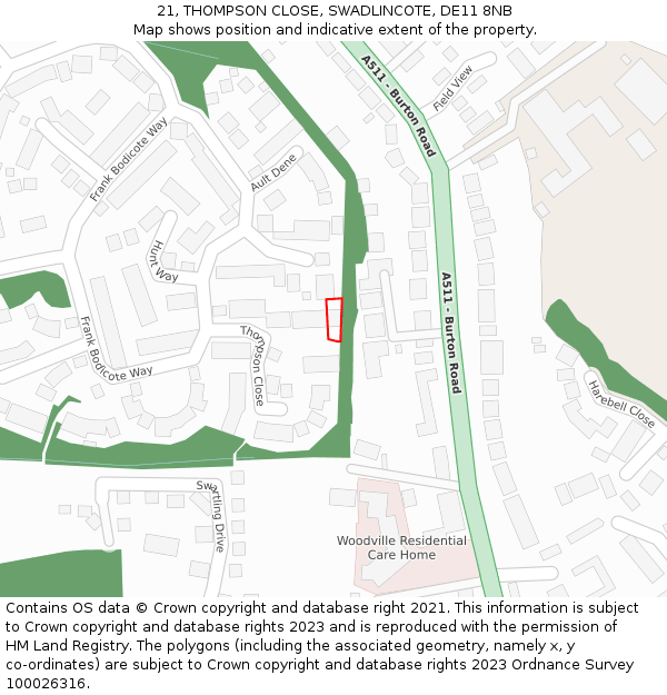 21, THOMPSON CLOSE, SWADLINCOTE, DE11 8NB: Location map and indicative extent of plot