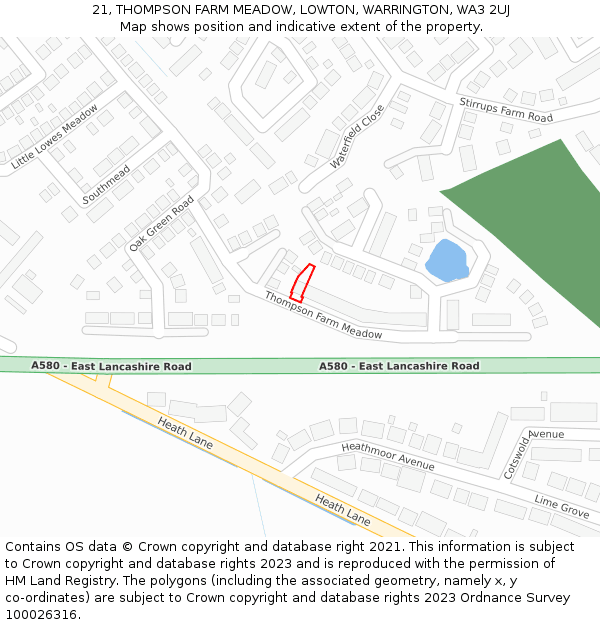 21, THOMPSON FARM MEADOW, LOWTON, WARRINGTON, WA3 2UJ: Location map and indicative extent of plot