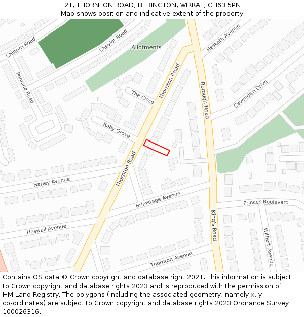 21, THORNTON ROAD, BEBINGTON, WIRRAL, CH63 5PN: Location map and indicative extent of plot