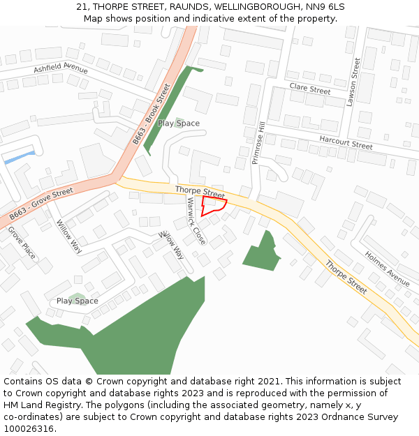 21, THORPE STREET, RAUNDS, WELLINGBOROUGH, NN9 6LS: Location map and indicative extent of plot