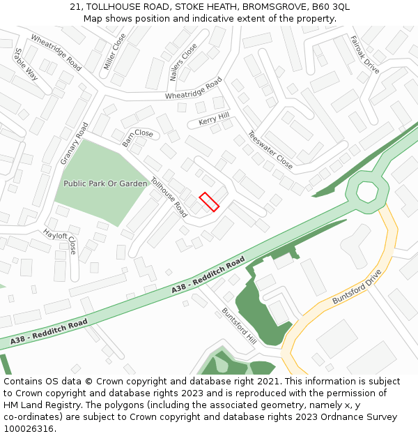 21, TOLLHOUSE ROAD, STOKE HEATH, BROMSGROVE, B60 3QL: Location map and indicative extent of plot