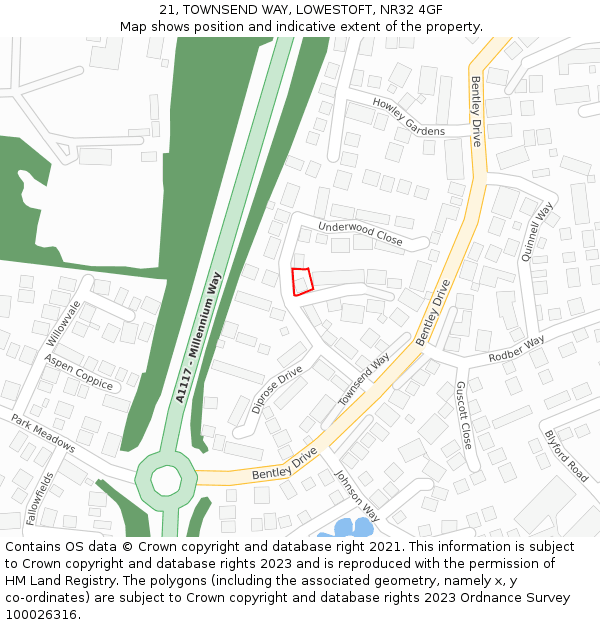 21, TOWNSEND WAY, LOWESTOFT, NR32 4GF: Location map and indicative extent of plot