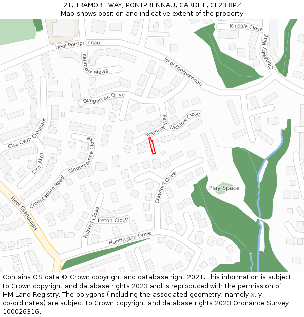 21, TRAMORE WAY, PONTPRENNAU, CARDIFF, CF23 8PZ: Location map and indicative extent of plot