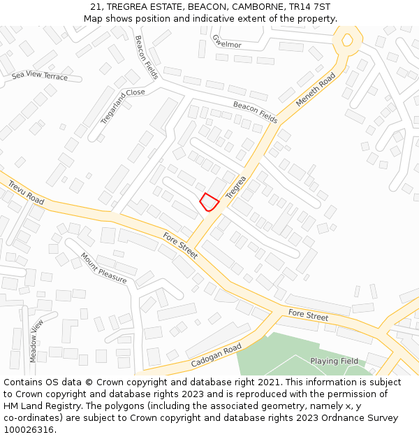 21, TREGREA ESTATE, BEACON, CAMBORNE, TR14 7ST: Location map and indicative extent of plot