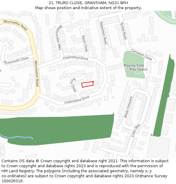21, TRURO CLOSE, GRANTHAM, NG31 8PH: Location map and indicative extent of plot