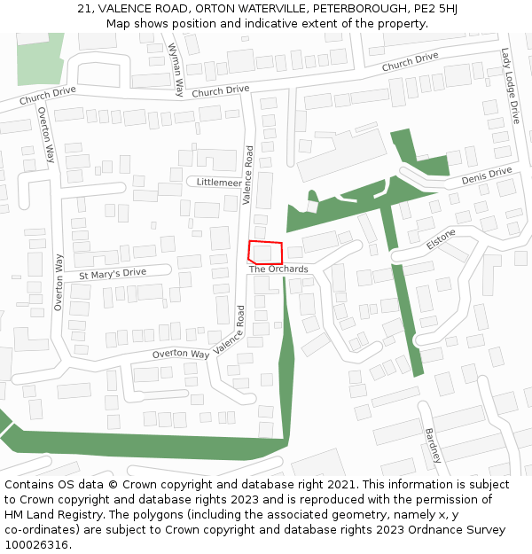 21, VALENCE ROAD, ORTON WATERVILLE, PETERBOROUGH, PE2 5HJ: Location map and indicative extent of plot