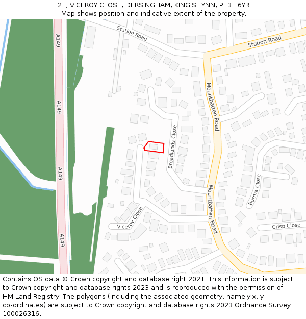 21, VICEROY CLOSE, DERSINGHAM, KING'S LYNN, PE31 6YR: Location map and indicative extent of plot