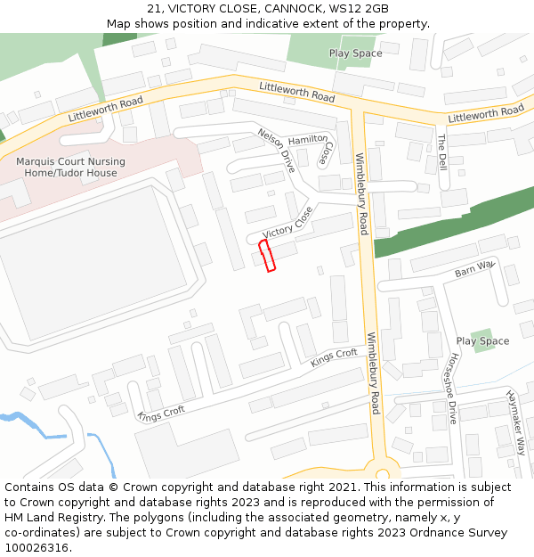21, VICTORY CLOSE, CANNOCK, WS12 2GB: Location map and indicative extent of plot