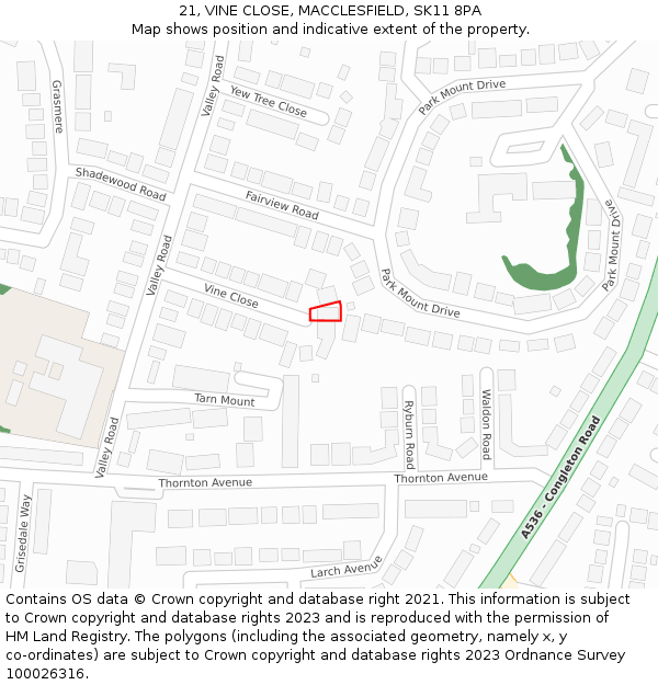 21, VINE CLOSE, MACCLESFIELD, SK11 8PA: Location map and indicative extent of plot