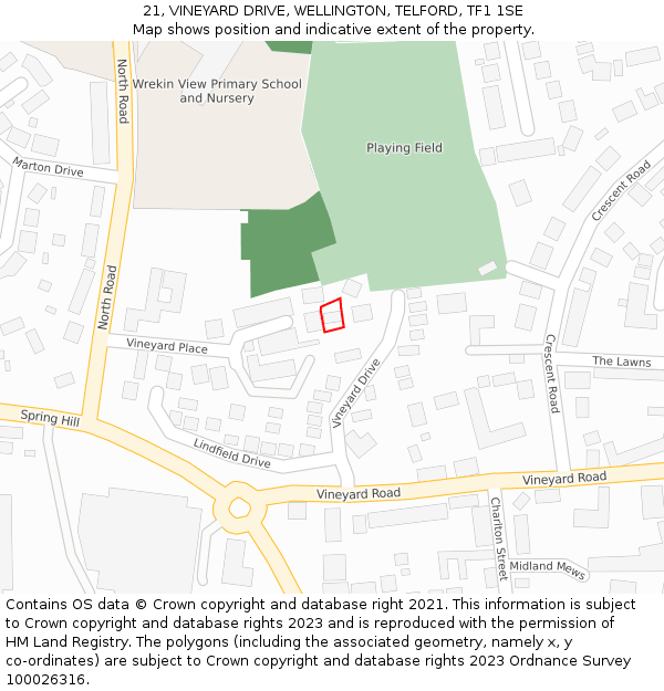 21, VINEYARD DRIVE, WELLINGTON, TELFORD, TF1 1SE: Location map and indicative extent of plot