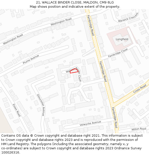 21, WALLACE BINDER CLOSE, MALDON, CM9 6LG: Location map and indicative extent of plot