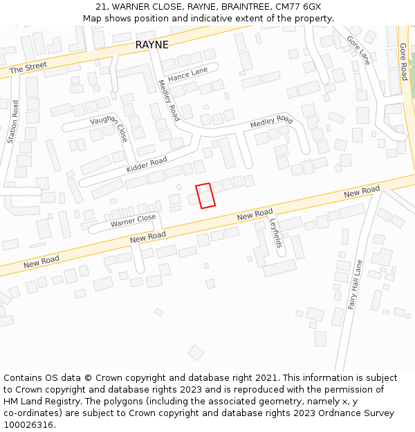 21, WARNER CLOSE, RAYNE, BRAINTREE, CM77 6GX: Location map and indicative extent of plot