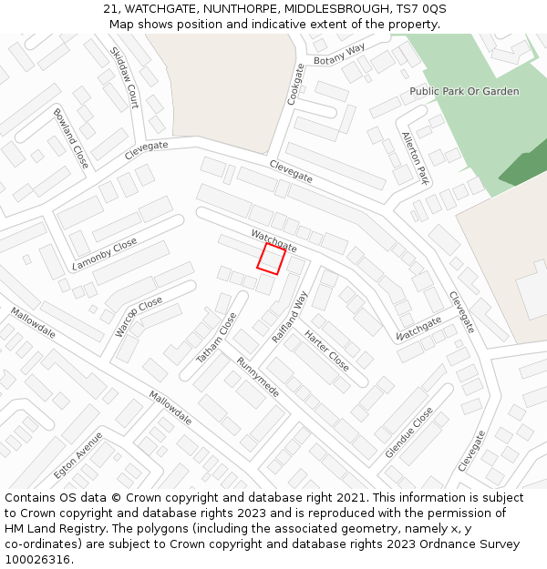 21, WATCHGATE, NUNTHORPE, MIDDLESBROUGH, TS7 0QS: Location map and indicative extent of plot