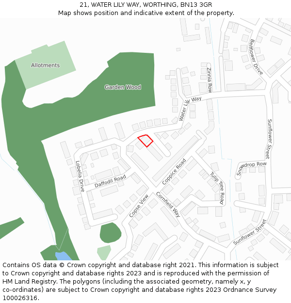 21, WATER LILY WAY, WORTHING, BN13 3GR: Location map and indicative extent of plot