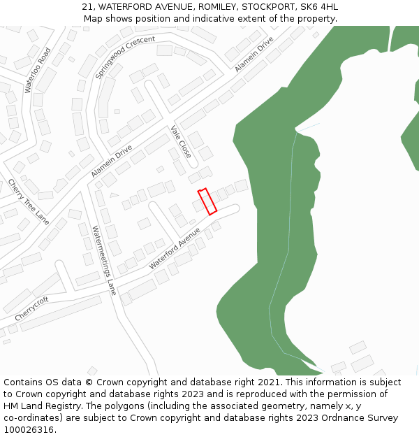 21, WATERFORD AVENUE, ROMILEY, STOCKPORT, SK6 4HL: Location map and indicative extent of plot