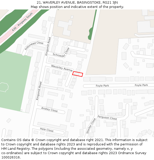 21, WAVERLEY AVENUE, BASINGSTOKE, RG21 3JN: Location map and indicative extent of plot